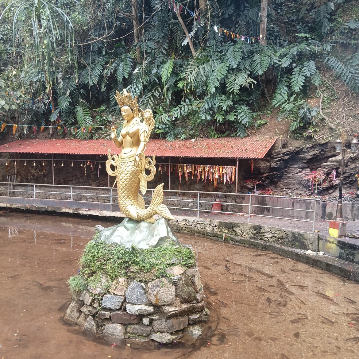 छाब्दी बाराही मन्दिर र सँगै रहेको मत्स्यकन्यको सुनौला मुर्ती